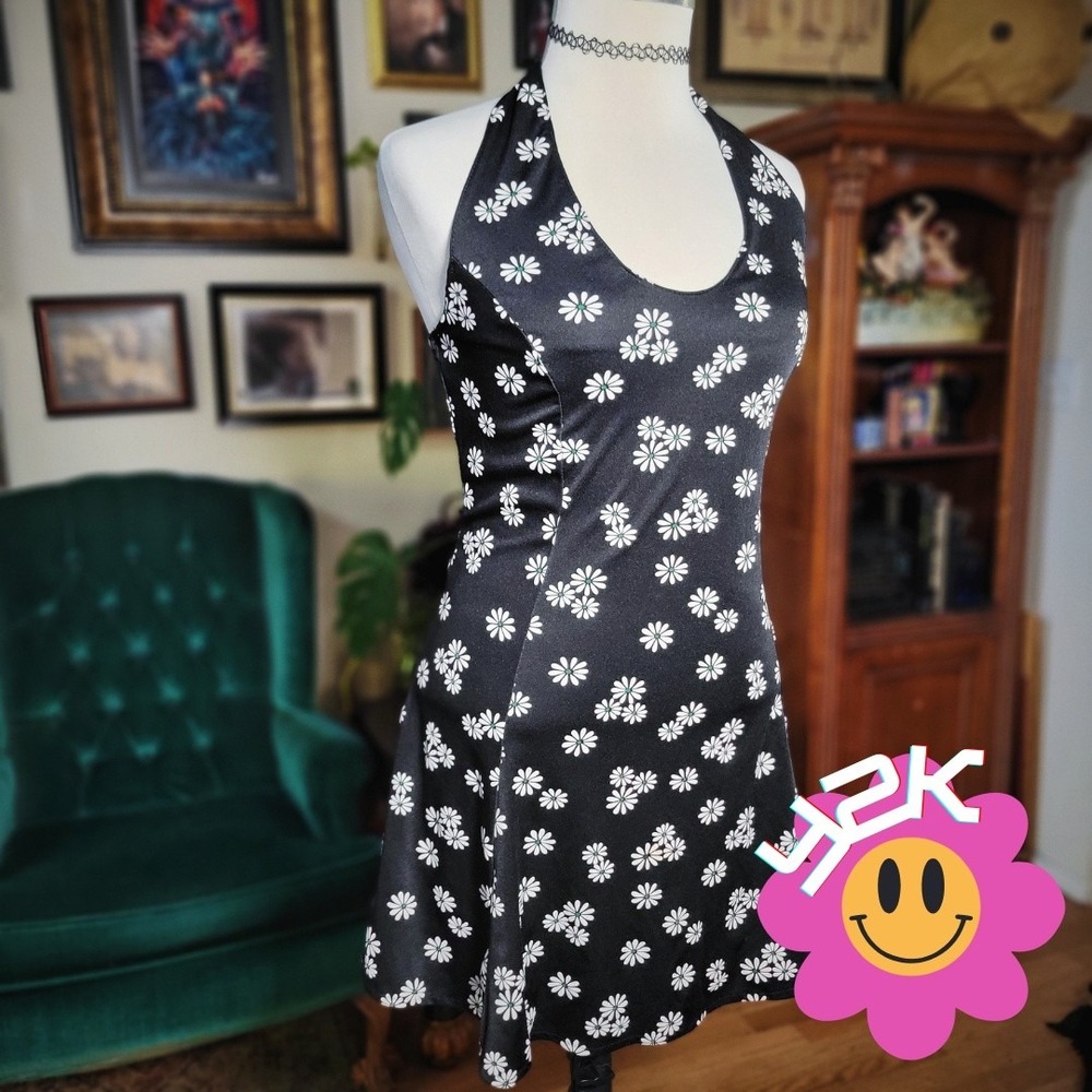 Vintage Y2K Avi Inc. Miami Halter Mini Dress Black White Daisy‎ Print One Size